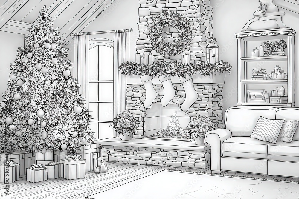 A warm holiday scene shows a decorated Christmas tree in a living room. The fireplace is adorned with stockings and a wreath.