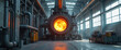 © Viktor - Large industrial rotary furnace glows with intense heat inside factory. Complex pipe systems, machinery surround heating equipment. Industrial manufacturing plant setting, heavy machinery operation.