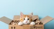 © Mariya Sorvacheva - Orange tabby cat peeking out from a cardboard box filled with crumpled paper, showcasing curiosity and playfulness in a bright, cheerful environment with copy space