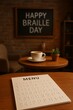 © The Stock Guy - Happy World Braille Day Cozy Cafe Scene with Tactile Menu and Coffee Ambiance