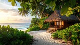 Tropical Island Paradise Beach Hut Bungalow Overlooking Turquoise Ocean Water At Sunrise With Lush Green Foliage And White Sand Path