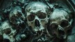 © Crafted - Close-up of a weathered stone sculpture of several skulls arranged together, with a dramatic dark green background.