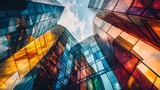 Low angle view of modern glass skyscrapers with colorful reflections,  blue sky and clouds in the background.