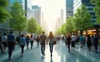 © Audrey - The concept of sustainability in business centers, crowds of business people walking at a corporate office in a green city downtown, abstract motion blur image with blurred background, generative AI