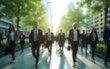 © Lillian - The concept of sustainability in business centers, crowds of business people walking at a corporate office in a green city downtown, abstract motion blur image with blurred background, generative AI