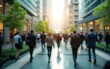 © Ella - The concept of sustainability in business centers, crowds of business people walking at a corporate office in a green city downtown, abstract motion blur image with blurred background. High quality