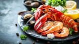 Shellfish plate of crustacean seafood with fresh lobster