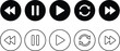 © Aklima - Black and white circular media control icons rewind pause play repeat fast forward rewind icon
