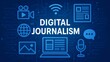 © AiDesign - Digital journalism concept illustration with media technology icons including wifi video laptop microphone and communication symbols for online reporting and broadcasting industry