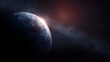 © Bussakon - A distant planet s illuminated horizon catching sunlight glinting off its rocky surface amidst a cosmic expanse of stars and nebulae