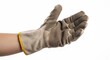 © William - A hand wearing a tan textured work glove is positioned against a white background