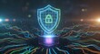 © Microstock - Cybersecurity shield icon representing digital protection and data privacy on a futuristic abstract network background, symbolizing secure technology infrastructure and global online safety