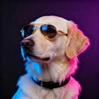 © Ferryansyahniko - A digital portrait of a golden retriever dog wearing sunglasses and a sleek necklace, looking forward with a confident expression