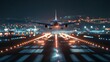 © Tanu - Aircraft approaches runway at night illuminated by runway lights in a busy airport setting