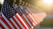 © STOCK CART - veterans day, A solemn row of United States flags, bathed in the golden light of the setting sun, represents patriotism.