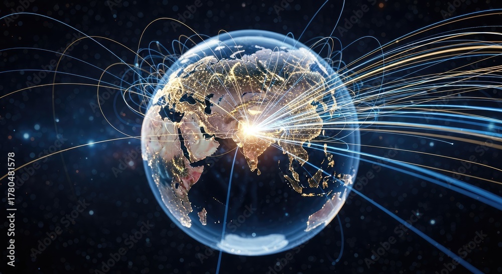 Glowing Earth, illuminated cities, interconnected by flowing lines in ...
