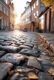 Soft golden light bathes the cobblestone alley in a small historic town. Autumn leaves scatter among the stones, while quaint buildings line the street, creating a peaceful, scenic atmosphere