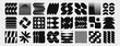 © klyaksun - Brutalist y2k shape collection with abstract geometric elements in black and white. Vector set of circles and zigzags, stripes and spirals, wavy lines and brutalism inspired forms for modern design.