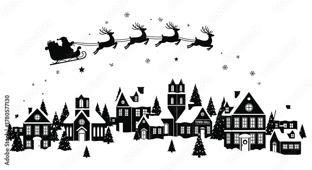 Santa claus flying in his sleigh pulled by reindeer over a snowy ...