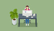 © Naima - Flat illustration of a woman working at a desk with a computer and plant in a minimalist office space.