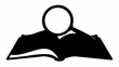 © Sidra - Illustration of an open book with a magnifying glass placed on top of it in black and white style
