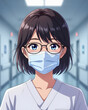 © onlooka - A young nurse wearing glasses and a protective mask in anime style