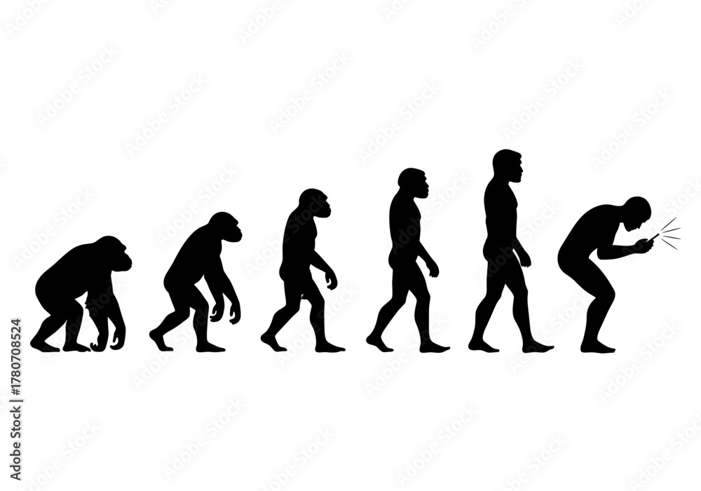 Evolution of humanity, from ape to modern technology addiction Stock ...
