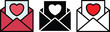 © GraphicEarth - Love letter symbol shown in color, silhouette and line art styles each featuring an open envelope with a heart card