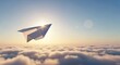 © Rizwan - Symbolic paper airplane soaring gracefully above soft clouds during a breathtaking sunrise symbolizing new beginnings, dreams, and boundless possibilities for adventure and innovation.