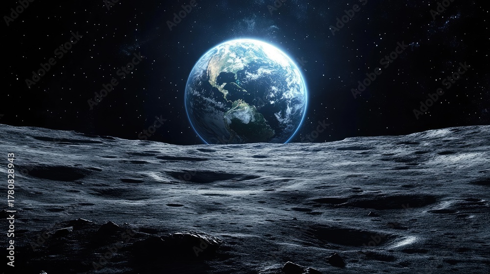 Earth rising above the Moon horizon, captured from lunar perspective ...