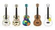 © Juliansyah - A collection of five illustrated ukuleles, each with a different colorful and creative design, isolated on a white background.