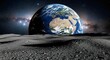© Pro Clipart - View of planet Earth rising over the moon's cratered surface, with the galaxy in the background. A concept of space exploration, astronomy, and environmental awareness.