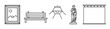 © BraveSpirit - Black outline vector icons of a framed landscape picture, a wooden park bench, a modern pendant lamp, a classical statue, and a horizontal window blind.