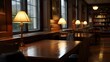 © Bussakon - A classic library reading room interior illuminated by warm lamplight on polished wooden tables and filled with bookshelves