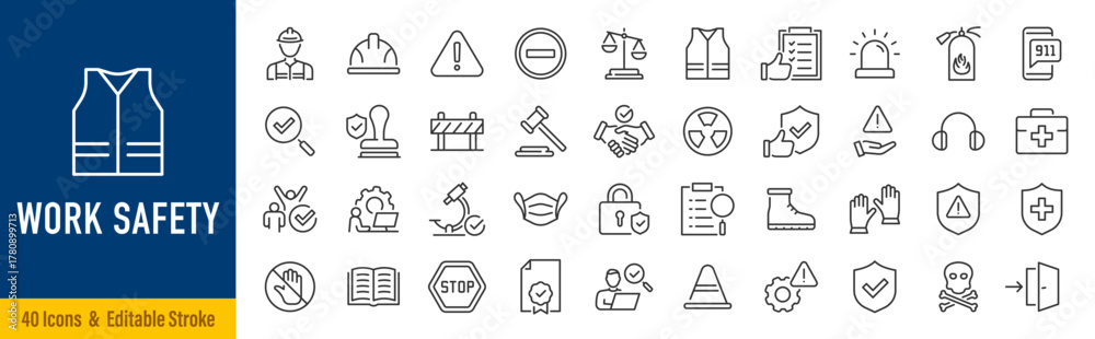 Work Safety web icons in line style. Protection, risk management ...