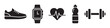© BraveSpirit - Black silhouette icons of a sneaker, smartwatch, heart with heartbeat line, water bottle, and dumbbell on a white background.