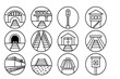 © Olha - Rail Infrastructure Icons. Line style icons of rail infrastructure in round shape: bridge over tracks, elevated rail, signal tower