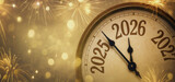Vintage clock striking midnight between 2025 and 2026 with golden fireworks, representing the New Year and Christmas celebration countdown.
