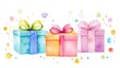 © Friendly Studio - Hand-painted gift boxes with colorful ribbons, watercolor style on white background for artistic celebration