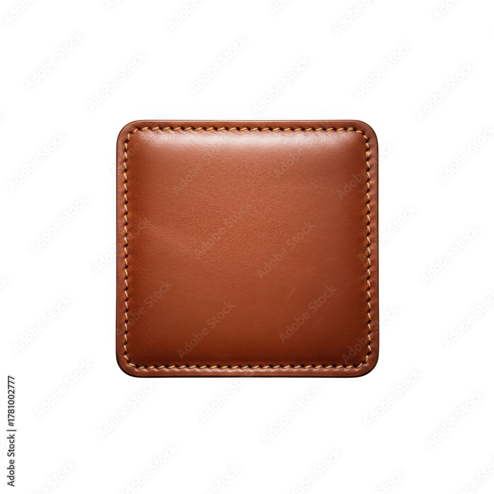 Close-up of a stitched leather square with a rich brown hue transparent background