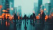 © Tanakrit - A blurred cityscape with silhouettes of people walking, illuminated by warm orange lights against a cool blue backdrop, creating a moody urban atmosphere.