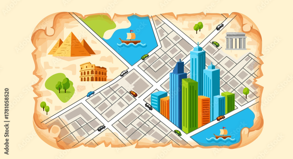 Cartoon Map of Landmarks and Cityscape with Ancient Wonders and Modern ...