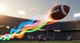 A football flying through the air with colorful trails.