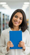 © Carina - Mulher jovem estudante universidade de negócios sorridente com livro azul
