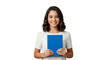 © Carina - Mulher adolescente jovem estudante universidade  sorridente com livro azul fundo transparente