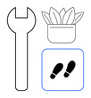 © robu_s - Wrench, potted plant, and footsteps icon together highlight sustainability, maintenance, growth, eco-conscious actions, and physical activity. Ideal for repair, ecology fitness work-life balance