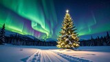 A snow-covered landscape scene features a decorated tree illuminated by warm lights with vibrant green and purple aurora borealis