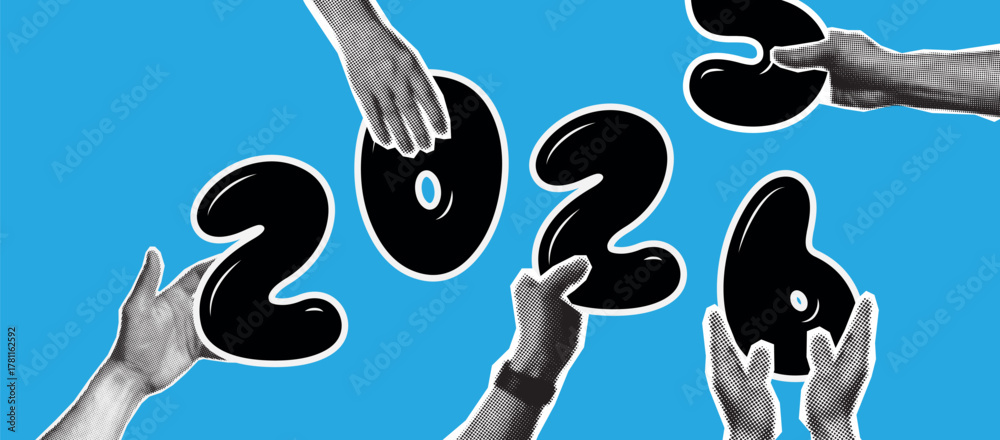 Halftone hands holding 2026 number. Modern collage. Achieving business ...