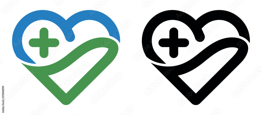 Heart shape with a plus sign and a checkmark represents health and well ...