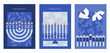 © jennylipmic - Happy Hanukkah postcard and banner. Modern bold style. Composition of simple traditional Jewish bold icons. Cards with Menorah, Dreidel leaves and flowers